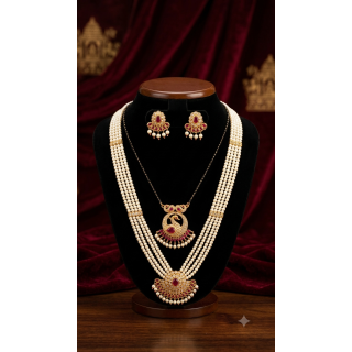 Multi-Strand Pearl Haram with Peacock Pendant