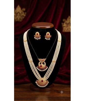 Multi-Strand Pearl Haram with Peacock Pendant