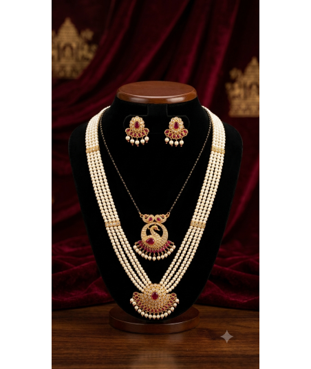 Multi-Strand Pearl Haram with Peacock Pendant